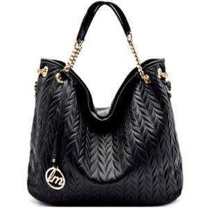 Le Miel BLACK Woven Pattern Gold Medallion Shoulder Handbag